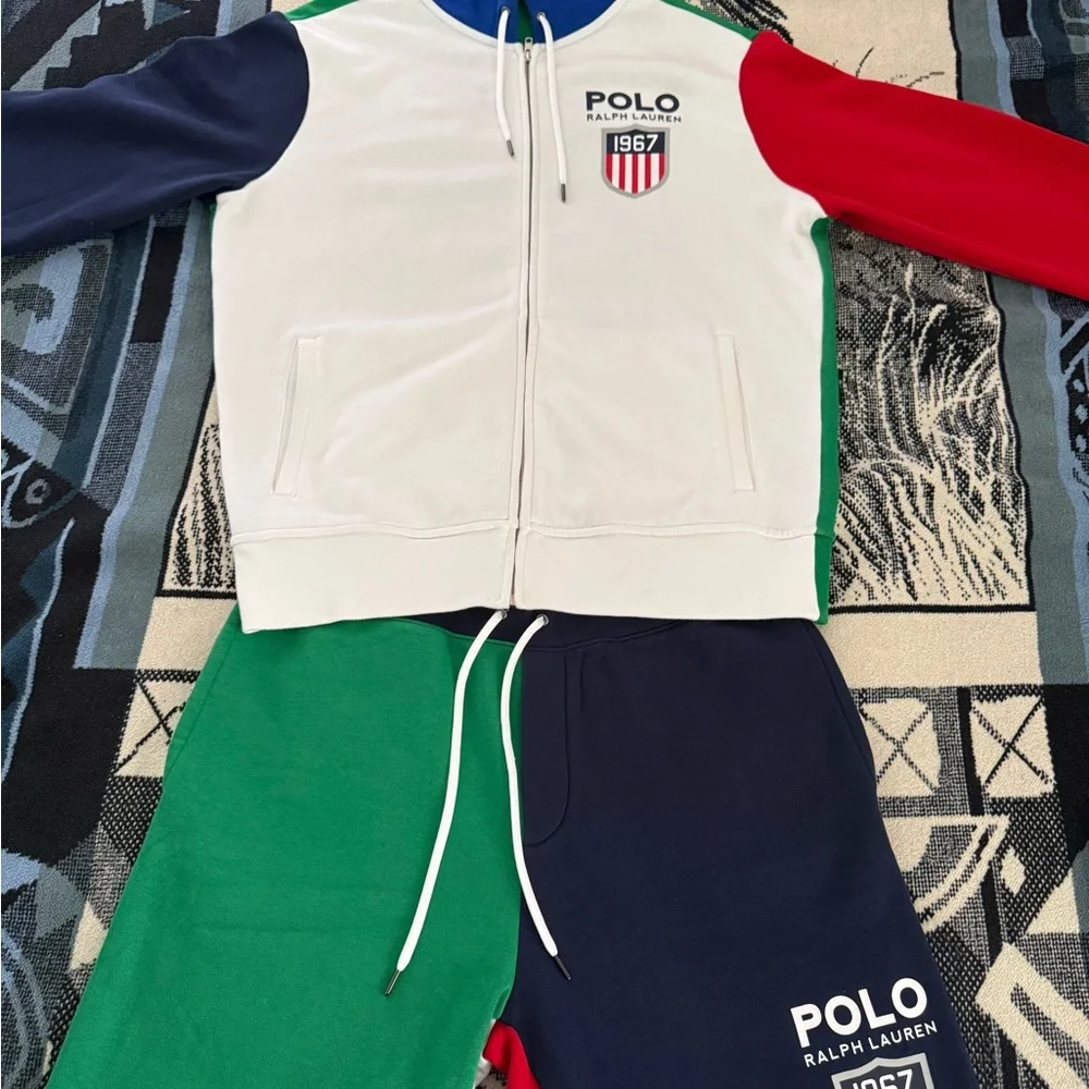 Polo Ralph Lauren Double Knit White/Red/Blue/Green ColorBlock Hoodie & Joggers